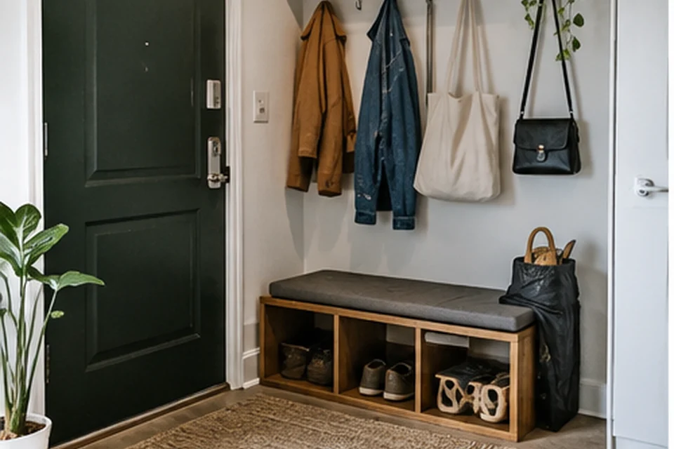 Everyday setting for entryway storage for shoes and daily bags